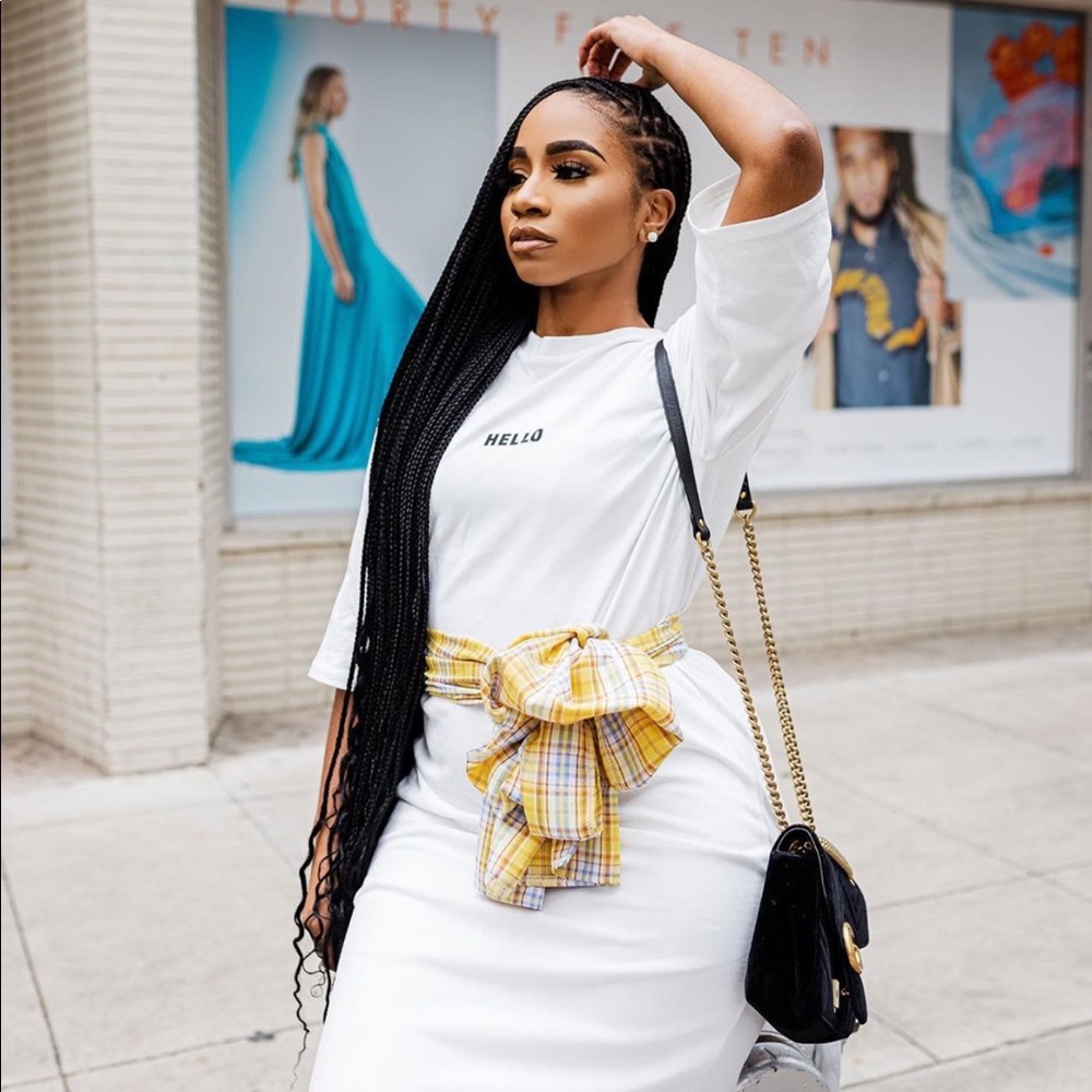 Women’s White Midi Dress with Yellow Plaid Accent